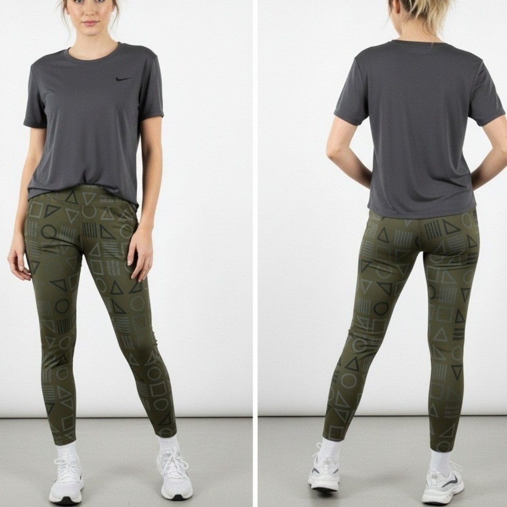 Nike Dri-Fit Olive Geometric Print Leggings Women's Medium High Rise Activewear